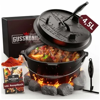 GUSSKÖNIG Grilltopf GUSSKÖNIG Dutch Oven Set 4,5L, 7L, 9L, 12L mit praktischem Deckelheber, Gusseisen, Grilltopf Gußeisen Dutch Oven Set BBQ Feuertopf Schmortopf Topf 4.5 l