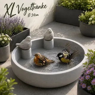 XL Vogeltränke mit Deko-Vögeln Ø34 cm – Vogelbad & Futterstelle – Magnesia grau – wetterfest & frostsicher - Grau