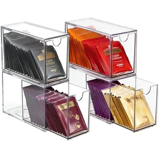 4er Set Acryl Teebeutel Organizer mit Schubladen-16,5 x 7,6 x 10 cm Transparente Aufbewahrungsboxen für Teebeutel Aufbewahrung, Kaffeekapseln, Zucker, Schreibwaren, Kosmetik, Küche, Speisekammer, Büro