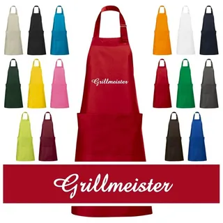 Schnoschi Grillschürze Hochwertige Küchenschürze mit Grillmeister bestickt, Grill Schürze, Stickerei Grillmeister, Große Tasche mit 2 Fächern, Metallschlaufe rot