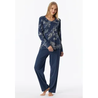 Schlafanzug SCHIESSER "Comfort Essentials", Damen, Gr. 38, blau (801, admiral), Single Jersey, Obermaterial: 100% Baumwolle, bequem lang, V-Ausschnitt, Homewear-Sets Schlafanzug, V-Ausschnitt, Baumwolle, langärmelig