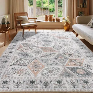 Calinline Beige Vintage Waschbarer Teppich Schlafzimmer, 80x150 cm | Kurzflor Waschbar Boho Teppich Wohnzimmer, Rutschfester Orientalischer Perserteppich, Carpet für Esszimmer Büro Küche