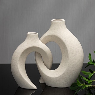 Creme Farbe Keramik Vase für Moderne Home Decor, Matte Snuggle Hollow Blumenvase für Pampasgras, Boho Dekor Donut Vase Satz von 2 für Tisch Centerpieces für Weihnachtsdekorationen