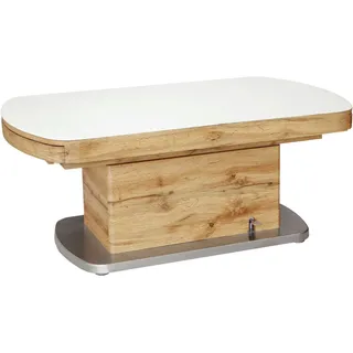 Novel Couchtisch, Weiß, Eiche, Edelstahl, Metall, Glas, Holzwerkstoff, oval, Säule, Bodenplatte, 75x50-78x120-180 cm, ausziehbar, einfacher Aufbau, Wohnzimmer, Wohnzimmertische, Couchtische, Couchtische Glas