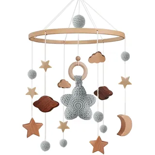 Mobile Baby - Mobile babybett Baby Spielzeug mit Häkeln Stern Mond Wolken Grau Baby Mobile für bett | Holz Mobile Baby Windspiel Geschenk für mädchen oder Jungen