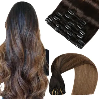 VINBAO Clip Extensions Echthaar Ombre Hair Extensions Schwarz Remy Doppelt Tressen Extensions Echthaar Clip in Extensions Echthaar #1BT4 Schwarz bis Braun 6pcs 120g 20 Zoll (#1BT4,50cm)