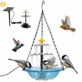 Deuson Vogeltränke Hängend,Solar Springbrunnen Vogelbad,3 Stufig Vogeltränke Solar mit Metallketten,Wassertränke für Vögel,23,5 x 46 x 36 cm,für Gärten,Terrassen und Balkone(blau)