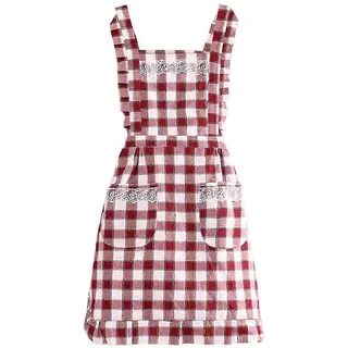 Ärmellose Backschürze Mit Karomuster Und Spitzendekor, Kurz, Doppellagig, Ölabweisend, Unisex, Mit Zwei Taschen, Ideal Für Bäckereien.-jujube Red