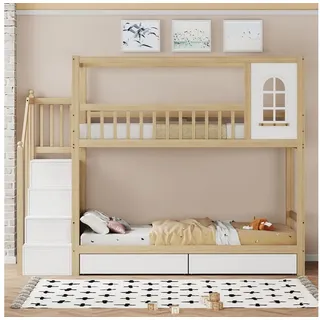 REDOM Etagenbett Stauraumbett Hausbett Gästebett Jugendbett Einzelbett Kinderbett (Hausform mit Sicherheitszaun und Aufbewahrungsschubladen, Kinderbett für Jungen und Mädchen, 90x200 cm), ohne Matratze