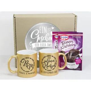 GRAZDesign Tasse Goldene Hochzeit, Geschenk zur Hochzeitstag 50 Jahre, Geschenkset Kaffeebecher mit Namen, Initialen und Datum, 330ml aus Keramik