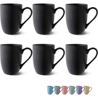 Cosumy Tasse 6 teilig 350 ml - Kaffeetassen Set Gross - Kaffee Becher Modern Matt, Keramik, Auch als Teebecher, Teetasse, Lungo Tasse - Mit Streifenmuster schwarz