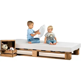 Lermowood Palettenbett M1 aus Holz 100 x 200 cm Eiche mit Lattenrost Holzbett 20cm Stabiles Seniorenbett Kinderbett Jugendbett Gästebett erhöhtes Einzelbett Bettgestell Futonbett Komforthöhe