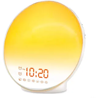 KiraKira Sunrise Wecker mit Dual-Alarmen & FM-Radio, Up Light mit 15 Farbnachtlichtern und 8 Naturgeräuschen für schwere Schläfer und Schlafzimmer, Weiß (EU)