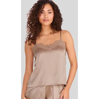 Spaghettitop LASCANA "Seidentop, Spitzentop, Alana", Damen, Gr. 32/34, beige (sand), Spitze, Obermaterial: 87% Seide, 7% Polyamid, 6% Elasthan, tiefer V-Ausschnitt, Tops, mit Seide und edler Spitze, Dessous