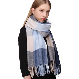 Alster Herz Modeschal Karierter Schal Damen Winter Schals Tücher mit Pashmina Feeling A0505, hält sehr warm blau
