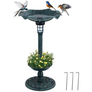 KOMFOTTEU Vogeltränke, Vogelbad Winterfest mit Solar Licht & Blumentopf grün