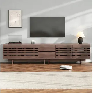 REDOM TV-Schrank Mid-Century Lowboard mit Holzlamellen & Walnuss (Packung, 1-St., 200×55×39,5 cm, 46 kg, für Wohn & Schlafzimmer) grifflose Schubladen, Retro-Design, 80 Zoll
