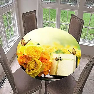 Morbuy Rund Tischdecke Elastisch, 3D Rose Rund Tischdecken Wasserdicht Lotuseffekt Abwaschbar Abwischbar Tischtuch für Dekoration Küchentisch Garten Outdoor (Durchmesser 120cm,Gelbe Rose)