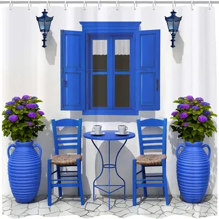 GOOESING Sommer-Reise-Duschvorhang, Haus, Blumen, Fensterbild, griechisches Design, Landschaft, Duschvorhang mit Haken, marineblau und weiß, Badezimmer-Dekor, waschbar, wasserdichter Stoff, 180 x 180