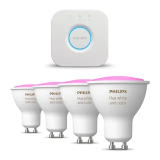 Philips Hue Starterpaket - GU10 - mit 4 Spots - Weißes und Farbiges Licht - inkl. 1 Hue Bridge - Hue White and Color Ambiance