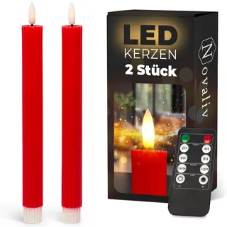 Stabkerzen LED mit Timer ROT 2er indoor mit 6 Stunden Timer - ECHTWACHS gerippt 23cm Höhe für Kerzen 2,2cm Durchmesser 2 AAA Batterien notwendig LED Stabkerzen flackernde Flamme bewegliche Flamme