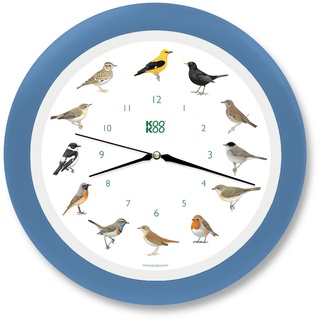 KOOKOO Singvögel Quarzwerk Himmel-blau, Die Singende Vogeluhr, runde Wanduhr mit natürlichen Vogelstimmen