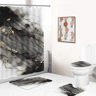 Fgolphd Duschvorhang Marmor 180x200 180x180 Weiß Schwarz Modern Duschvorhang-Set Polyester Stoff Badezimmerteppich 4-teiliges Set, Shower Curtains Wasserdicht (1,200 x 200 cm)