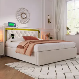 MODFU Boxspringbett Hydraulisches 140 x 200 cm mit USB Typ C Ladefunktion Kopfteil, Polsterbett Funktionelles mit lattenrost, Doppelbett Stauraumbe... - Beige