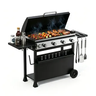 GarveeHome 4 Brenner Gasgrill mit Plancha-Fläche & abnehmbarem Wagen, 32.000 BTU Propangas-Grill für Terrasse, Camping & Tailgating, flexibel als Tischgrill oder Standgerät, Gasgrill klein für Balk