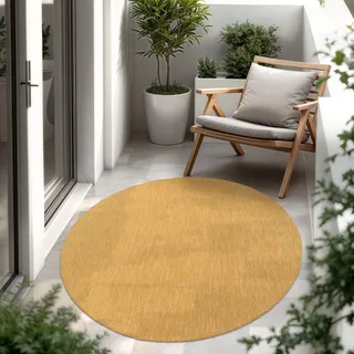 Paco Home Outdoor Teppich, Wetterfest Pflegeleicht Küchenteppich Ideal für Terrasse Balkon Garten, Flachgewebe Sisaloptik Modern Einfarbig meliert, Grösse:120 cm Rund, Farbe:Gelb