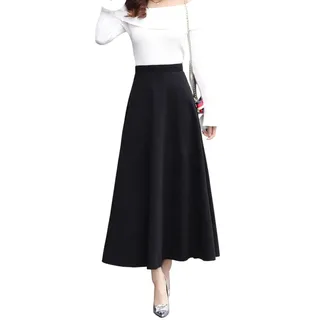 LWZDREAM Damen Winter Maxirock Glockenrock Wolle Vintage Elegant Lang Elastische Hohe Taille Langer Röcke Faltenrock(L,Schwarz) - L
