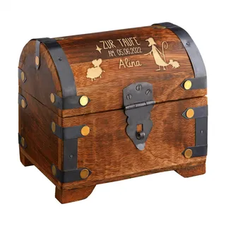Casa Vivente Geldschatztruhe aus dunklem Holz mit Gravur zur Taufe, Motiv Hirte, Personalisiert mit Namen und Datum, Spardose als Taufgeschenk