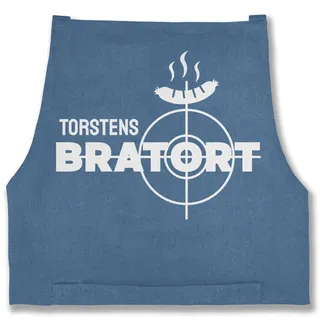 Schürze - Grillschürze - Bratort mit Name Geschenk Witzig Vatertag Weihnachten Geburtstag Papa - 85x69 - Jeans Blau - personalisierte kochschuerze küche kochschürze koch schürzen kochen apron - 85x69