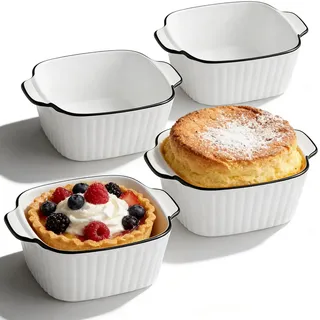 Keramik Auflaufform 4er Set Mini Backform Multifunktion (14,5x11,5x5,5cm) - Für Ofen, Heißluftfritteuse & Mikrowelle - Weiße Lasagne Formen
