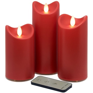 Tronje LED Outdoor Kerzen - 3er Set mit Timer u. Fernbedienung - 13/15/18cm Stumpenkerzen Rot - beweglicher Flamme - IP44 UV Hitzebeständig