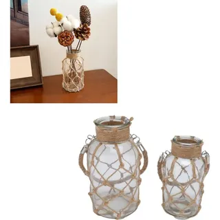 Rustikale Vase Mit Seilnetz Und Henkel Für Trockenblumen  Zweiteilig  Maße: L: 20 X 10 Cm, S: 16 X 8 Cm  Boho- Und Landhausstil Für Wohnzimmer Und Büro