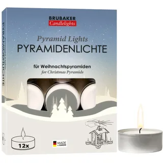 BRUBAKER Teelicht Pyramidenteelichter aus Paraffin mit Metallhülle - Pyramidenlichte (Extra Große Flamme, 12-tlg., Lange Brenndauer), Pyramiden-Teelichter für Weihnachtspyramiden & Weihnachtsdeko weiß