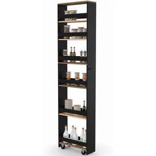 IDMarket - Platzsparender Küchenwagen HAGA, Aufbewahrungswagen mit 6 Etagen, schwarz und in Buche-Optik, H. 177 cm