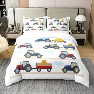 Loussiesd Kinder Baby Traktor Bettwäsche Set 135x200cm 100% Baumwolle Traktor Fahrzeuge Bagger Mähdrescher Bettwäsche Set Mädchen Jungen Jugendliche Wagen Autos Dekor Weiche Bettbezug Set 80x80cm