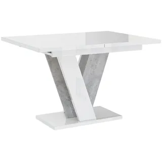 MEBLINI Esstisch Ausziehbar - Esszimmertisch Modern - Küchentisch - Säulentisch - Ausziehtisch - Dining Table - Esszimmertische - 120-160x90x75cm - Viney - Weiß Hochglanz/Betonoptik