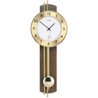AMS Pendelwanduhr 5266/1, Funk, Holzrückwand aus Nussbaum Furniert, mit Messingstäben, Mineralglas, 22 cm x 62 cm x 8 cm