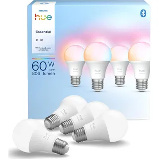 Philips Hue Essential Smart LED A60 Lampe, E27, 4er Pack | White and Color Ambiance 2200 - 6500 K, 8 W, 806 lm Energiesparlampe, Dimmbar, App- und Sprachsteuerung, Smart Home