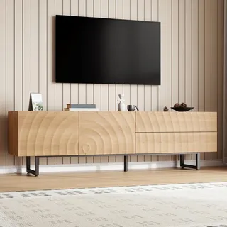 Merax TV-Schrank mit Doppelschublade und Türen, TV-Möbel mit 3D Wellenmaserung, skandinavische TV-Lowboard mit Metallbeinen, Natur - Naturbelassen