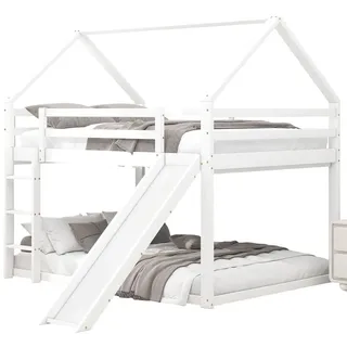 Etagenbett mit 2 Schlafgelegenheiten, Lattenrost, Leiter und Rutsche, 140x200 cm, Holzbett aus Kiefer, Kinderbett inkl. Rausfallschutz, Hochbett, H... - Weiß
