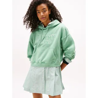 Kapuzensweatshirt TOMMY JEANS "TJW BXY CRP VARSITY HOODIE", Damen, Gr. L (40), grün (cloudy jade), Sweatware, Obermaterial: 100% Baumwolle, bedruckt, Sweatshirts