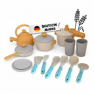 alldoro Spiel-Kochgeschirr Kinderküchen-Zubehör, Koch- und Geschirrset, 14-teilig für Kinder ab 3, Küchenspielzeug-Set mit Töpfen, Pfanne, Geschirr und Küchenhelfern bunt