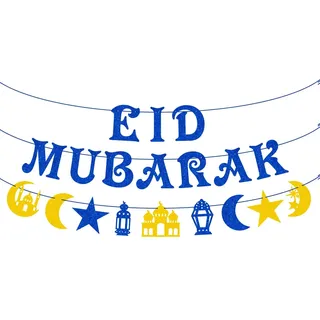 AhfuLife Eid Deko, Eid Mubarak Dekoration Set - Vormontiert Aid Mubarak Banner Stern Mond Ramadan Girlande mit 14 Stück Gold Blau Weiß für Ramadan Kareem Party Deko