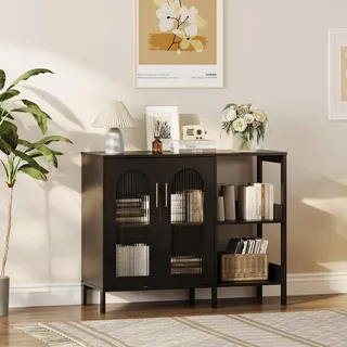Sideboard, Küchenschrank, Buffet-Schrank Mit 2 Glastüren Und 2 Offenen Fächern, 100 x 40 x 80Cm, Modernes Küchenschrank Mit Arbeitsplatte & Metallgriff Für Küche, Esszimmer, Wohnzimmer, Schwarz