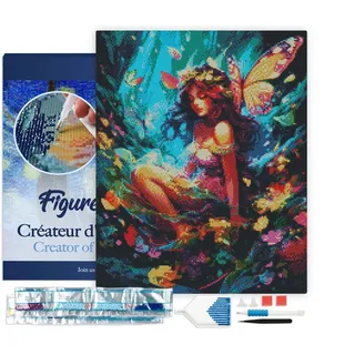 Figured'Art Diamond Painting Erwachsene 40x50cm Mit Rahmen Ganze Leinwand gespannt Fee und Schmetterlinge 5D Bilder Eckige Steine - DIY Set Basteln
