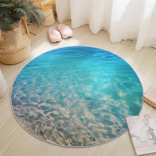 Generisch Runde Teppiche Küste Strand Meer Thema, Kurzflor Weicher Runder Teppich 90 cm für Wohnzimmer Schlafzimmer Kinderzimmer, rutschfest Waschbar Teppiche, Hellblau
